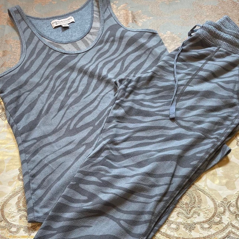 Blue and grey zebra print live love lounge set for sleep
